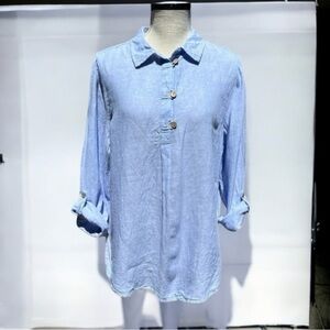 🌻Sigrid Olsen Blue Roll Tab Lagenlook Minimalist Linen Long Sleeve Top Size M